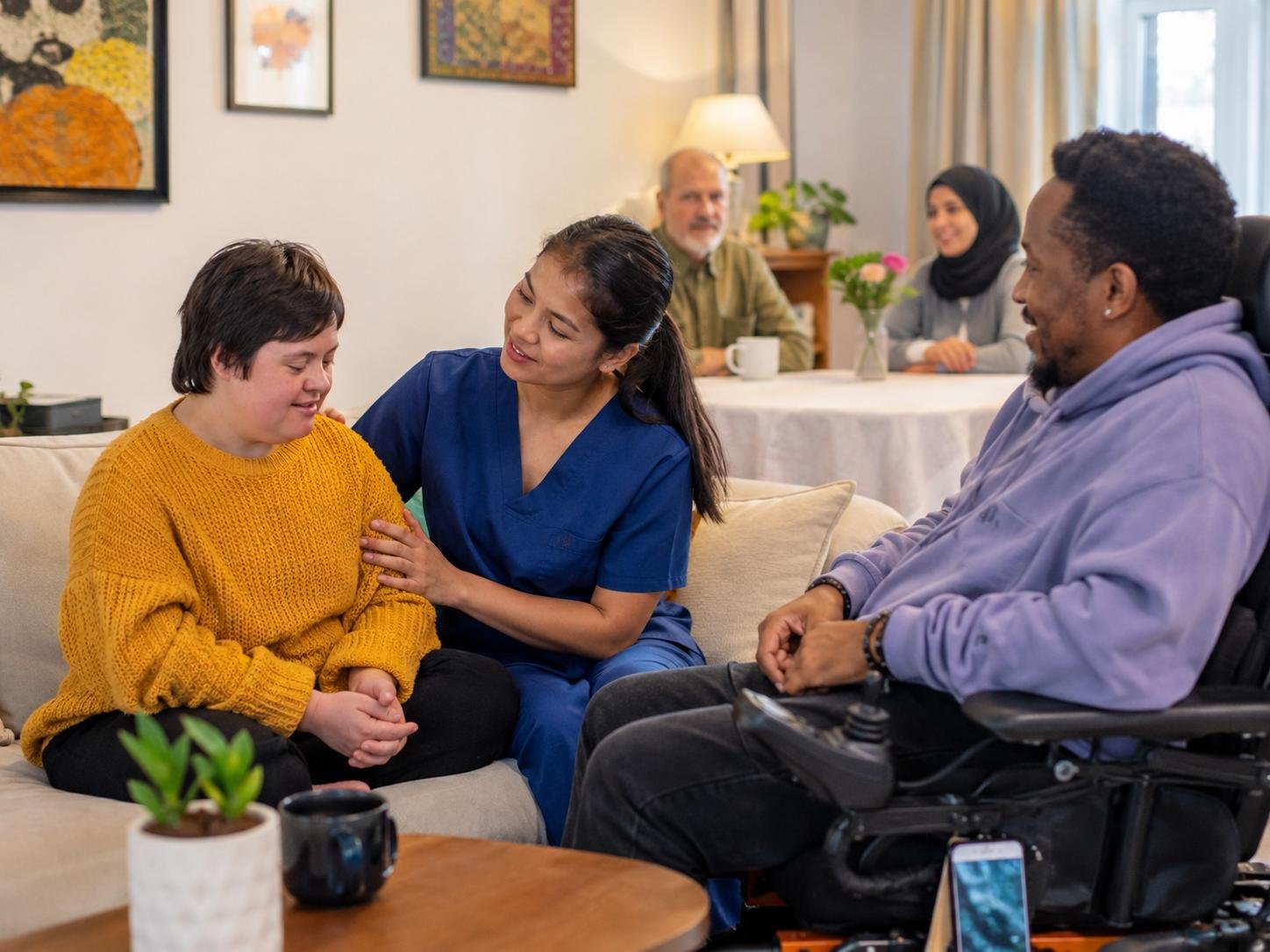 A caregiver sitting with residents in the living room of Lashawn Adult Family Home