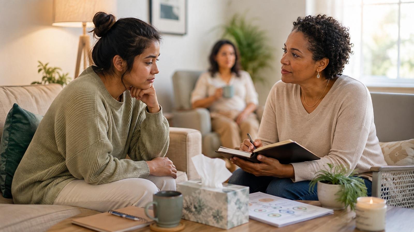 A caregiver speaking gently with a family member