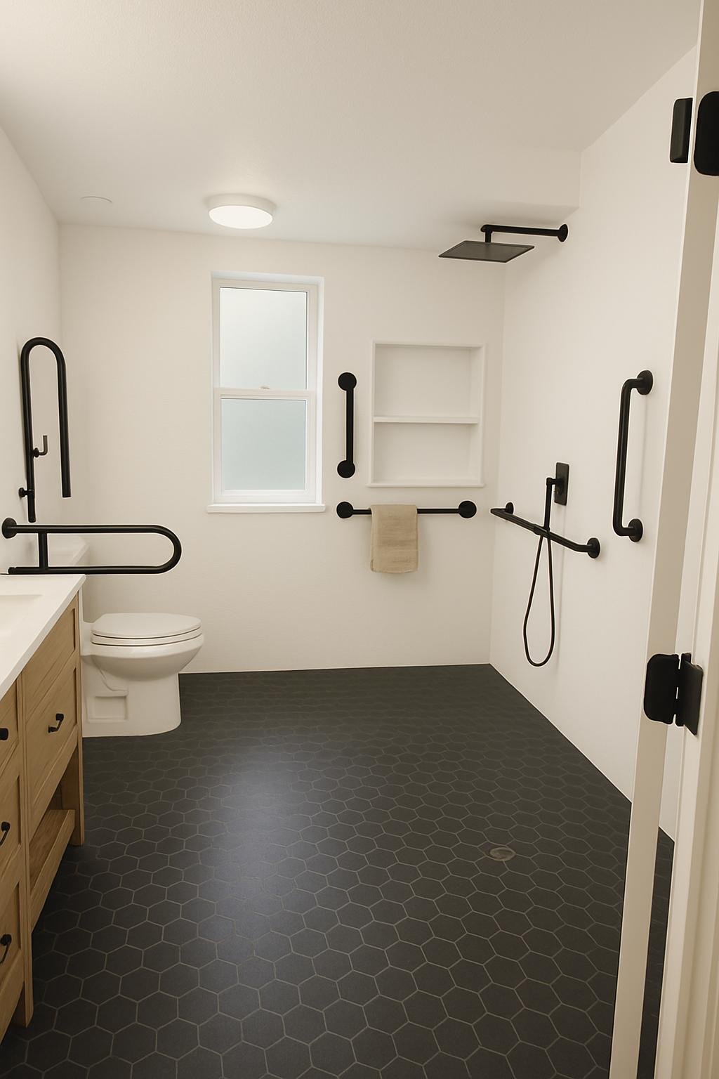 Accessible bathroom with a roll-in shower and grab bars