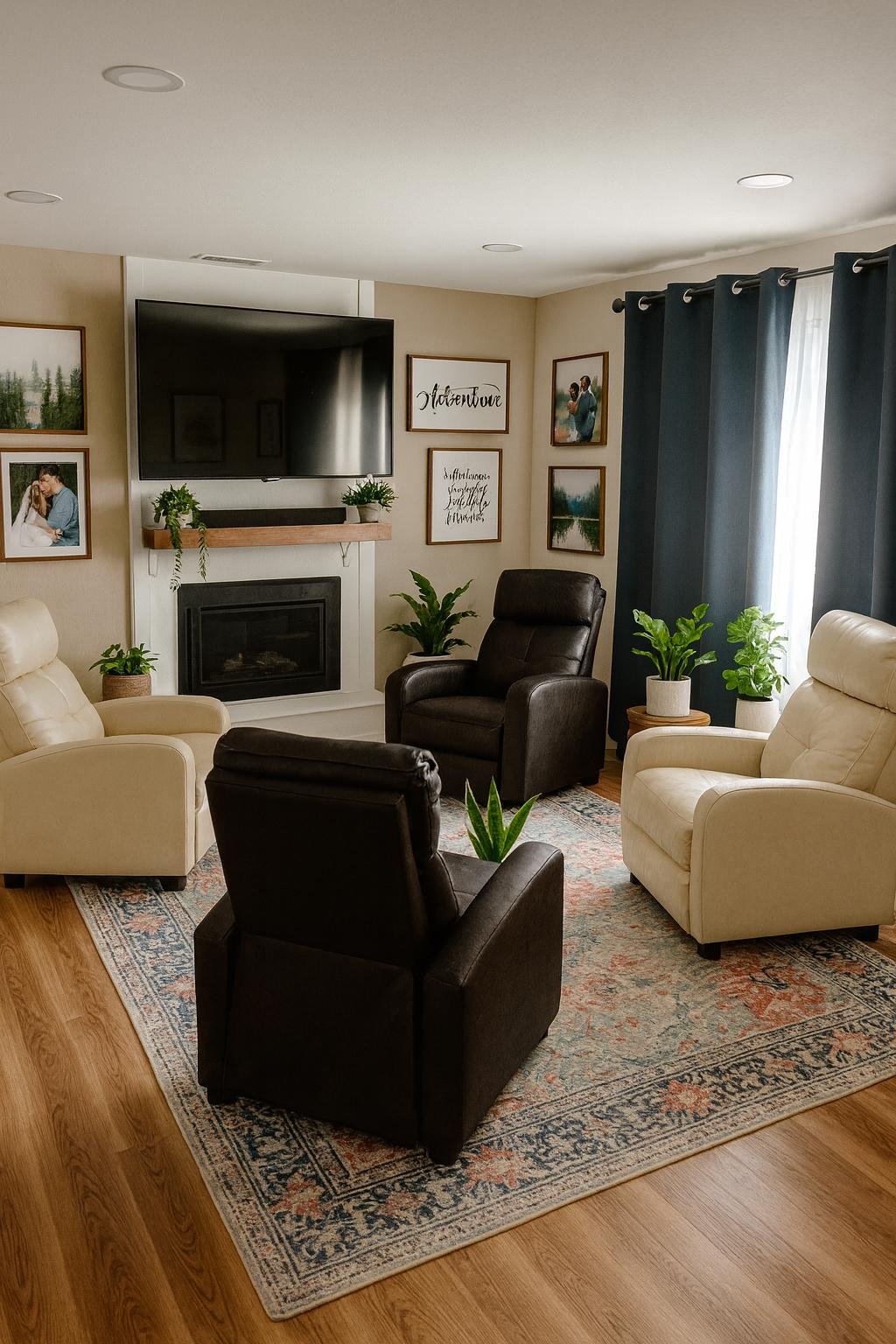 Living room with recliners and a fireplace
