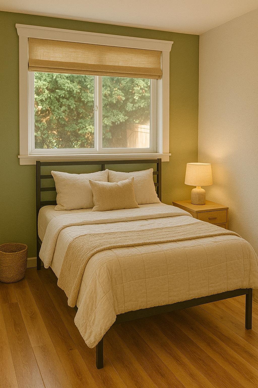 Private bedroom with a window and warm bedding