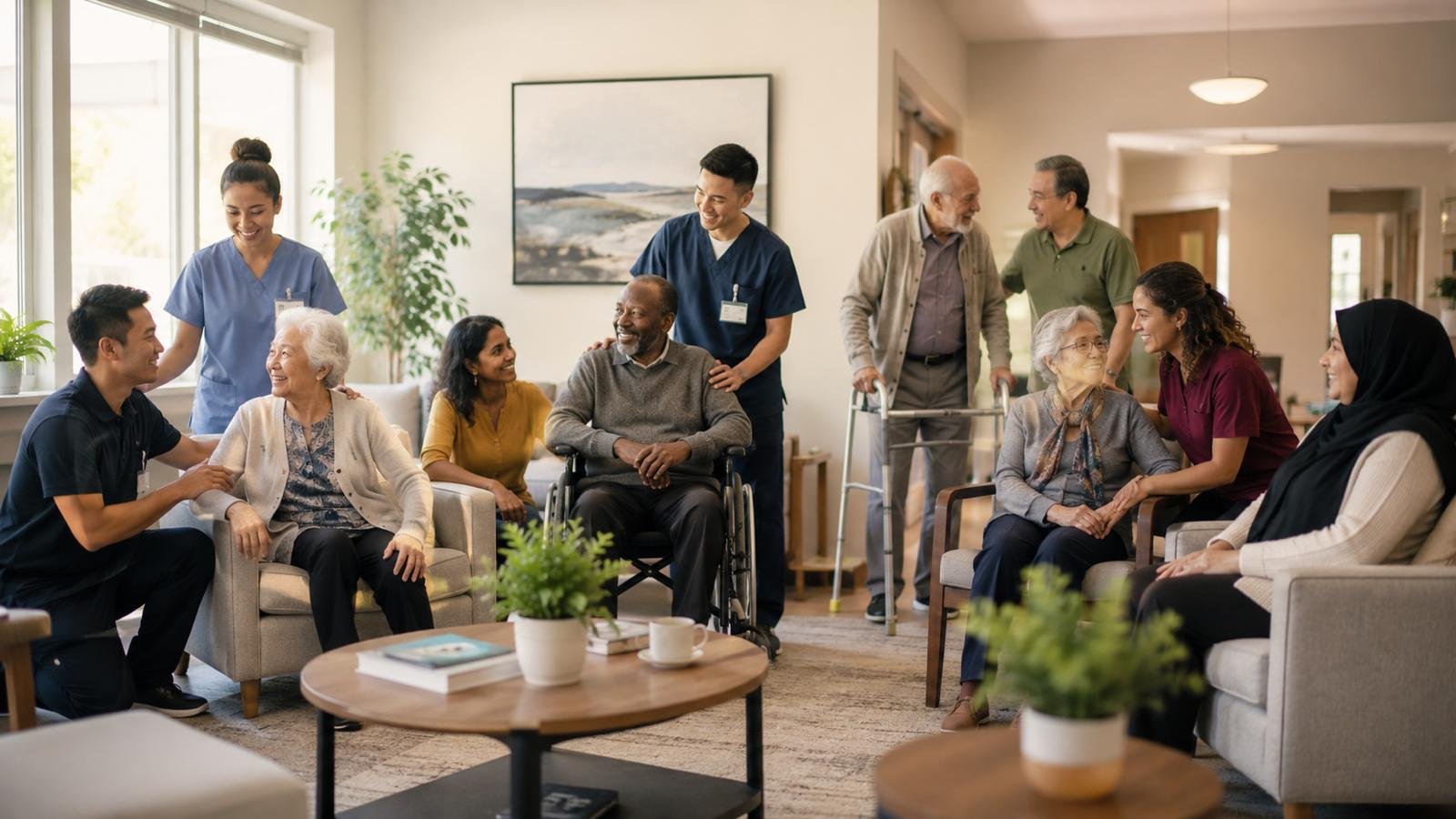Residents, family, and staff gathered in the living room