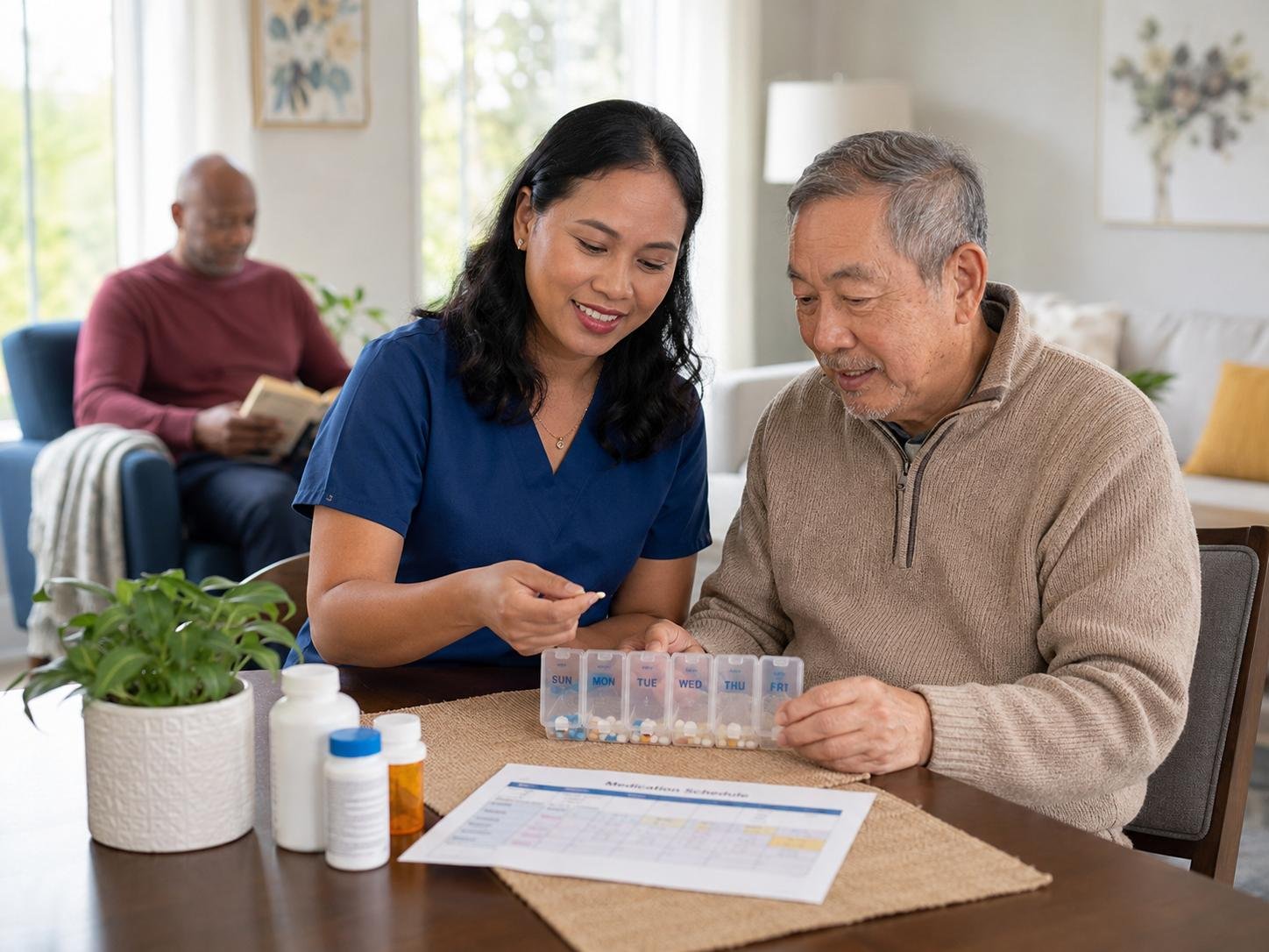 Provider reviewing a weekly pill organizer with a resident