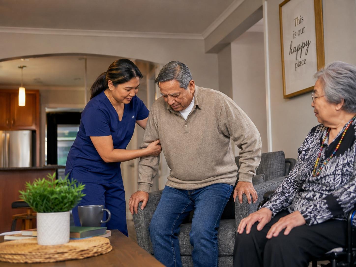 Caregiver helping a resident stand up safely