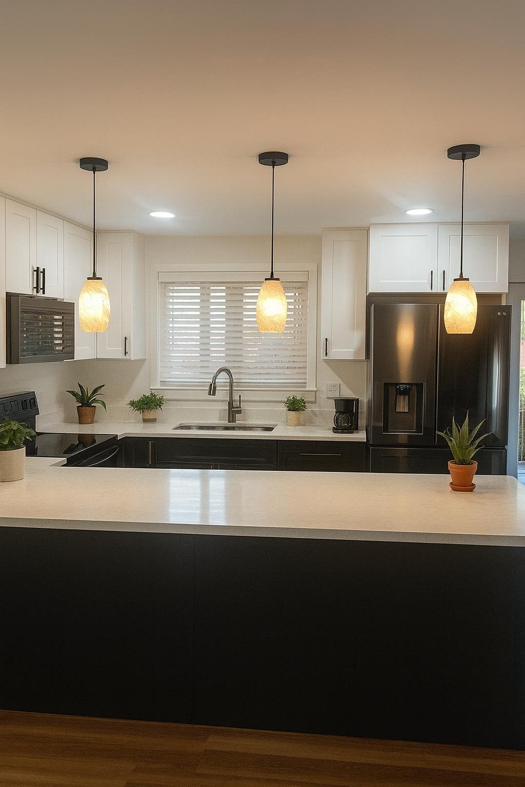 Open kitchen with pendant lighting